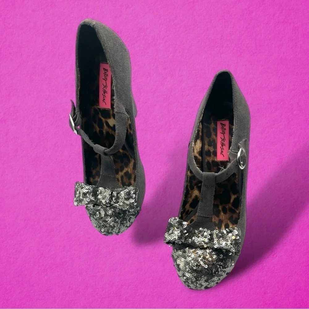 Betsey Johnson Gray Poppie Mary Jane Heels with Silver Sequin Bow